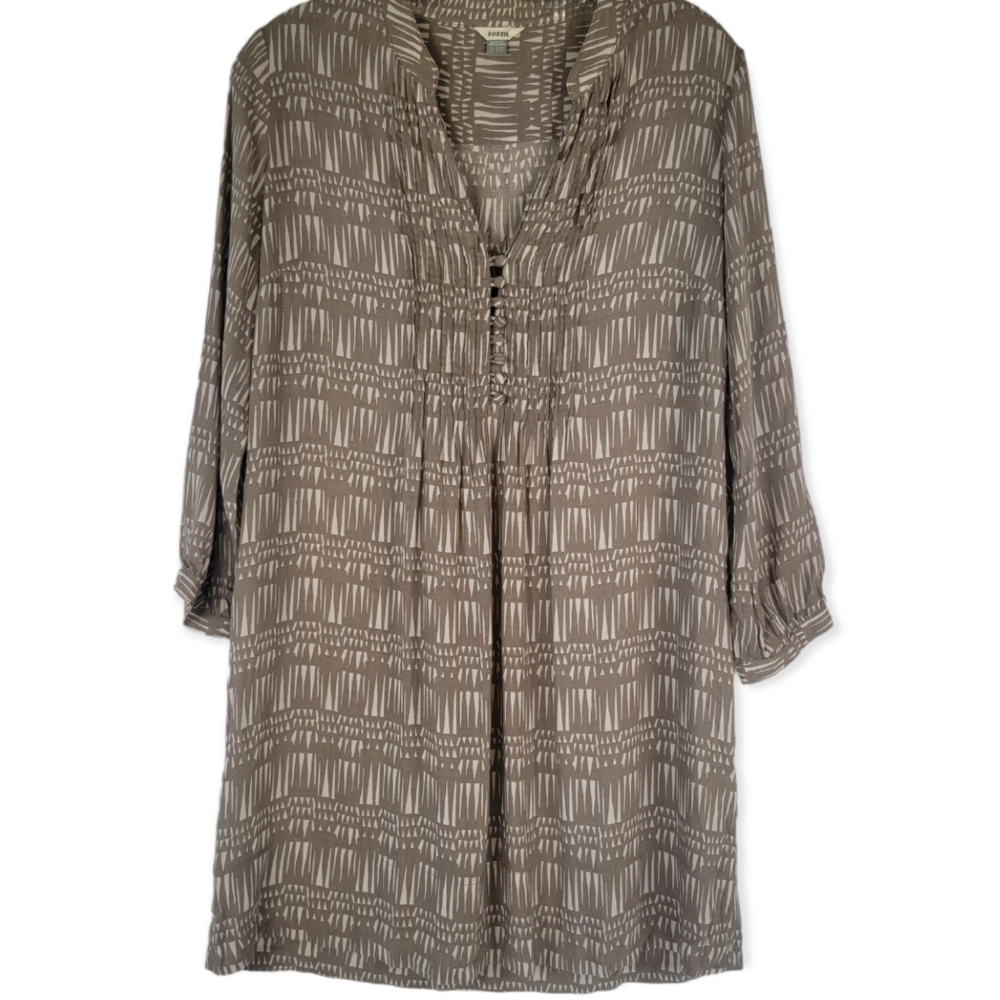 Fossil Taupe and Cream Longsleeve Pintuck Button Down V-neck Dress, EUC, szS